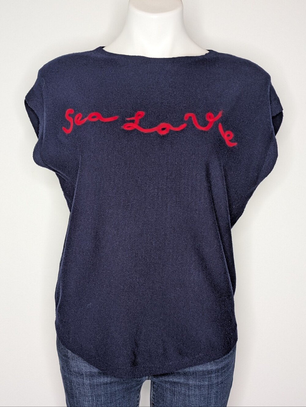 Aaeda Blue Red Sea Love Short Sleeve Sweater M